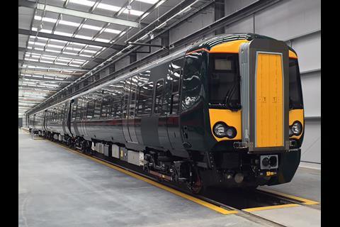 The first Class 387 Electrostar EMU for Great Western Railway in the new testing shed at Bombardier's Derby plant.